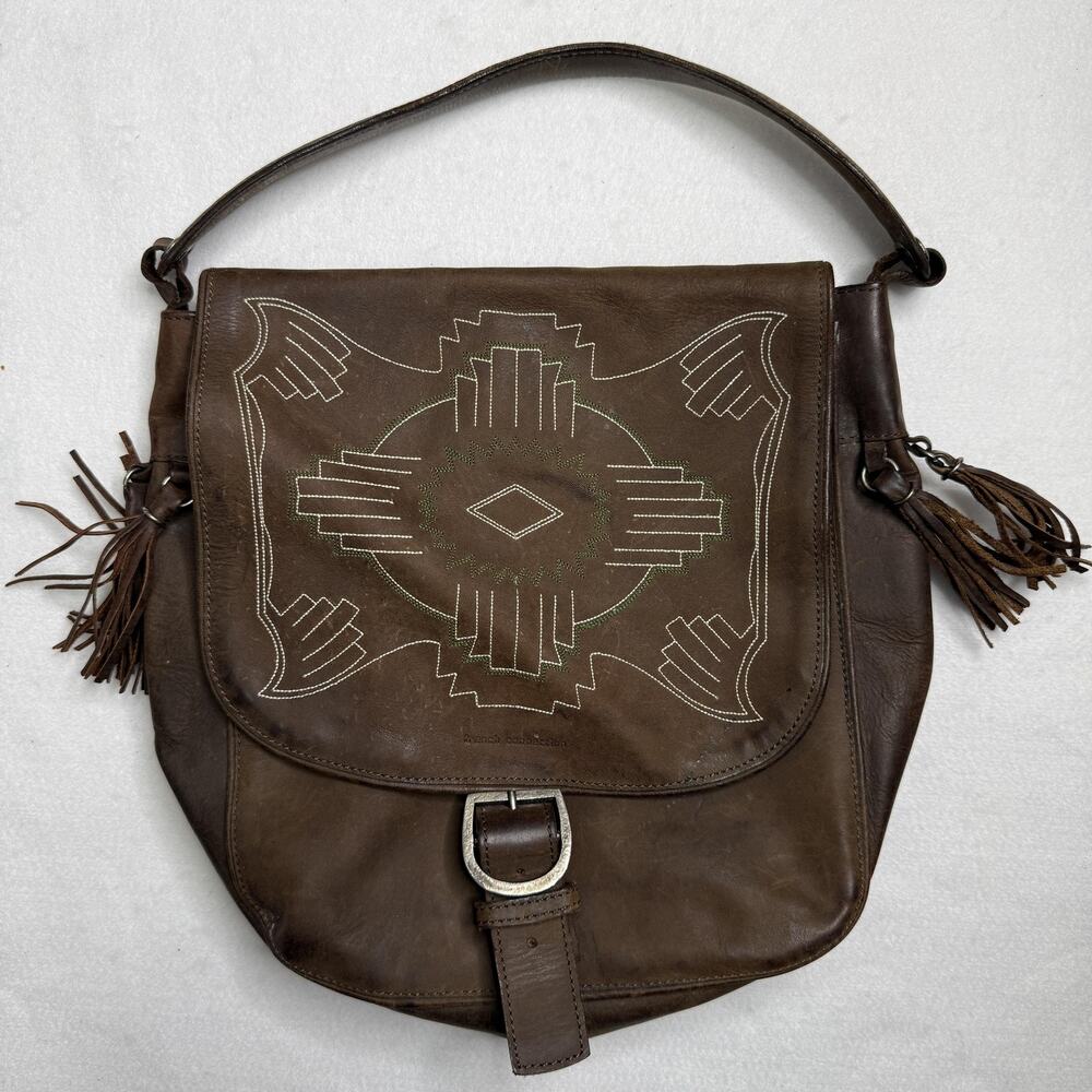 French Connection Western Shoulder Bag Boho Medium Brown Leather Flap Tassel